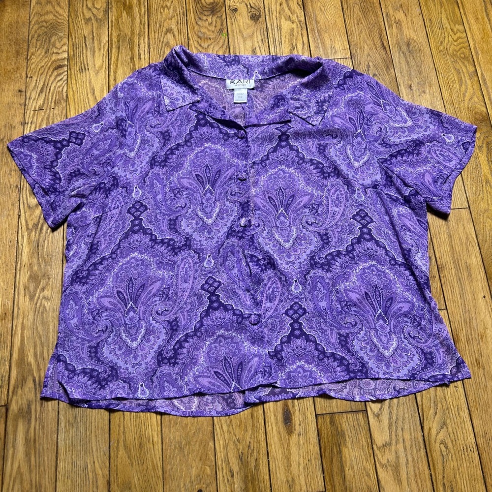 Kari New York Purple Paisley Print Button Up Blouse Short Sleeve Plus Size 24W